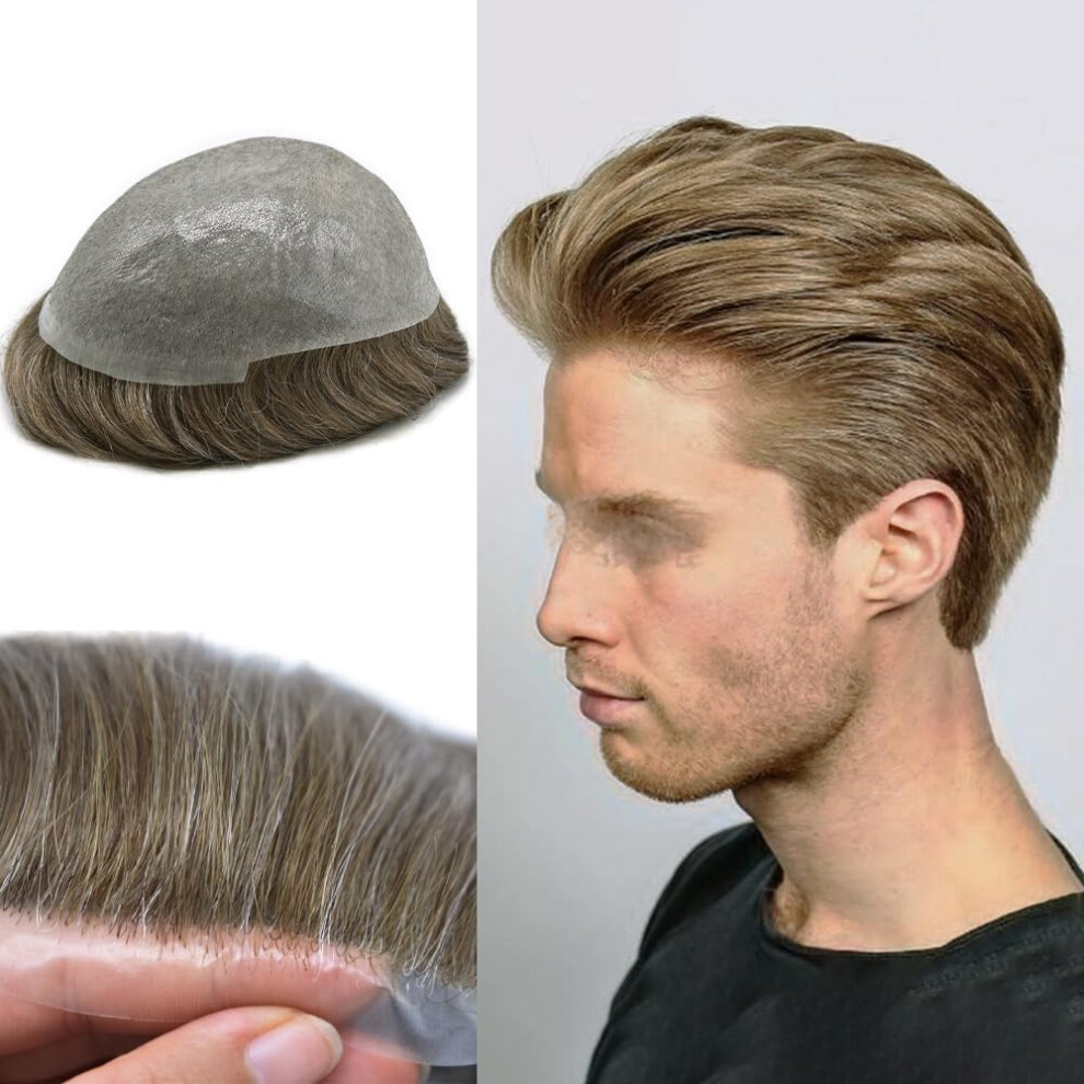 Unisex Brown Men's Toupee Hair System With Invisible Hairline, Vloop Thin Skin Pu 8X10, Medium Light 30% Gray, 80% Density Indian Remy Hair