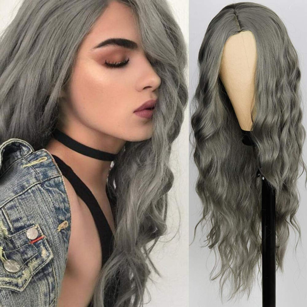 Long Wavy Synthetic Wig for Women 22inch Pure Gray Pink Blue Natural Look  Temp Fiber