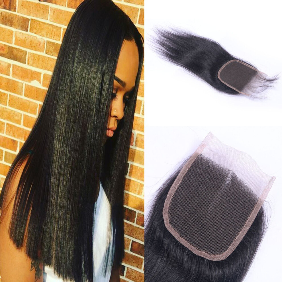 14 Inch 4x4 Brazilian Virgin Human Hair Lace Closure, Straight Natural Color with Bleached Knots