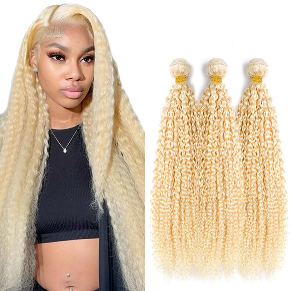 Unisex 613 Blonde Human Hair Bundles Brazilian Virgin Kinky Curly Weave 3Pcs 12 14 16 Inch