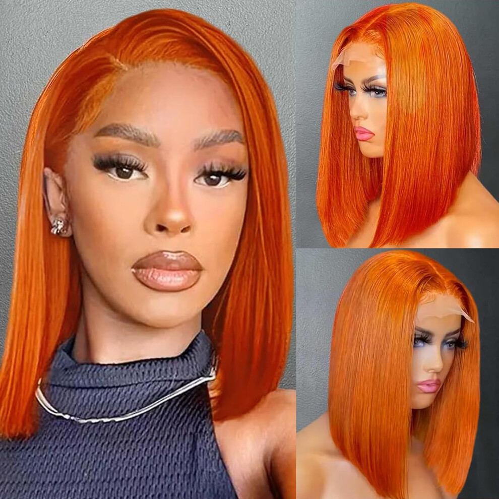 Unisex Orange Ginger Lace Front Bob Wig Human Hair 13X6 Hd Transparent Lace Preplucked Glueless 12 Inch