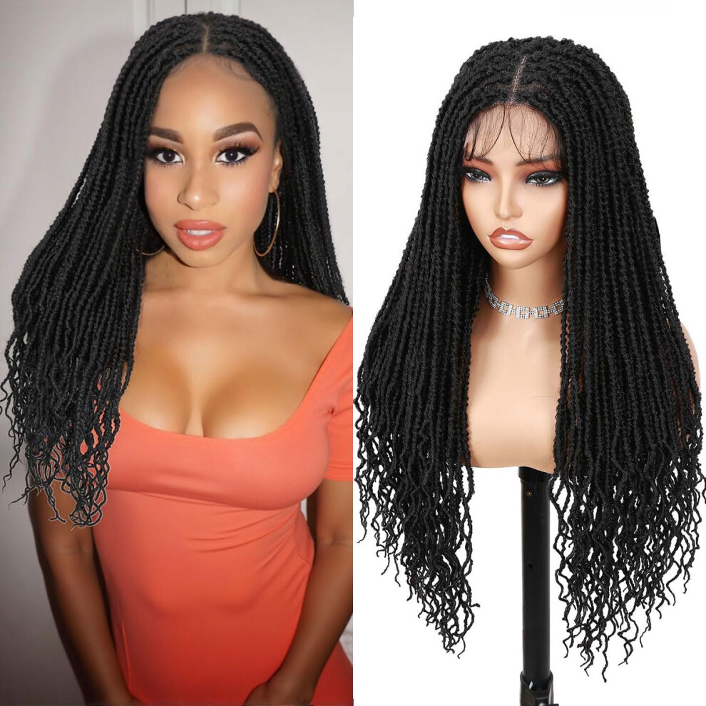 28 Inch Faux Locs Lace Front Wig with Baby Hair, Black Synthetic Knotless Twist for Women