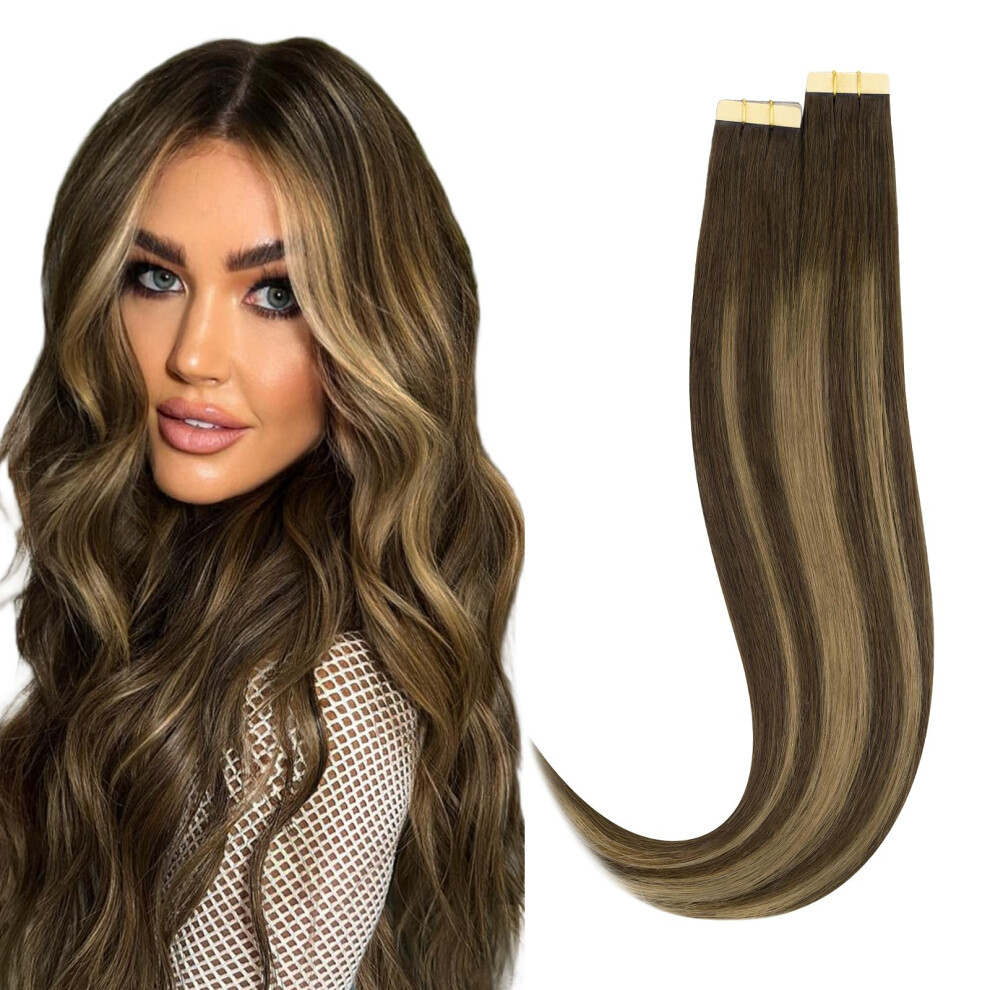 Unisex Brown Tape In Hair Extensions 18 Inch Balayage Chocolate Caramel Blonde Straight Remy Human Hair 40Pcs