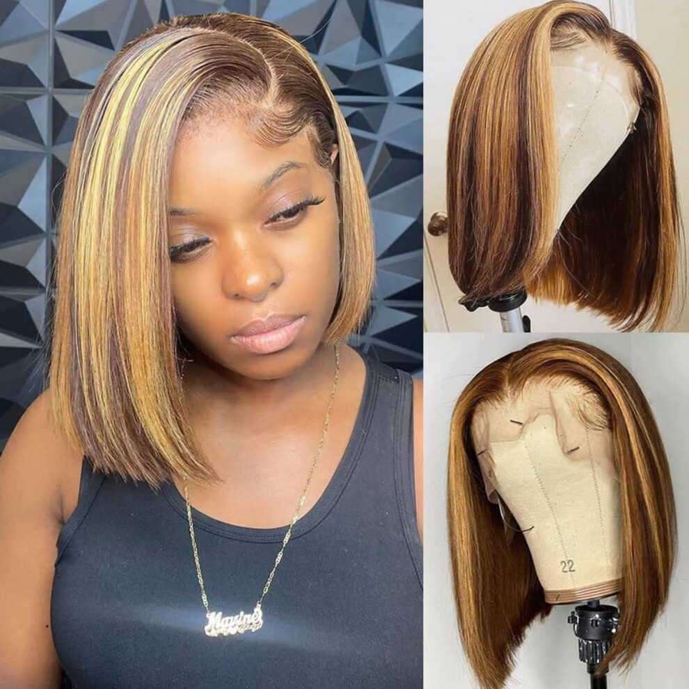 Unisex Human Hair Lace Front Bob Wig 13X6 Ombre Highlight Glueless Pre Plucked 4/27 Honey Blonde 10 Inch