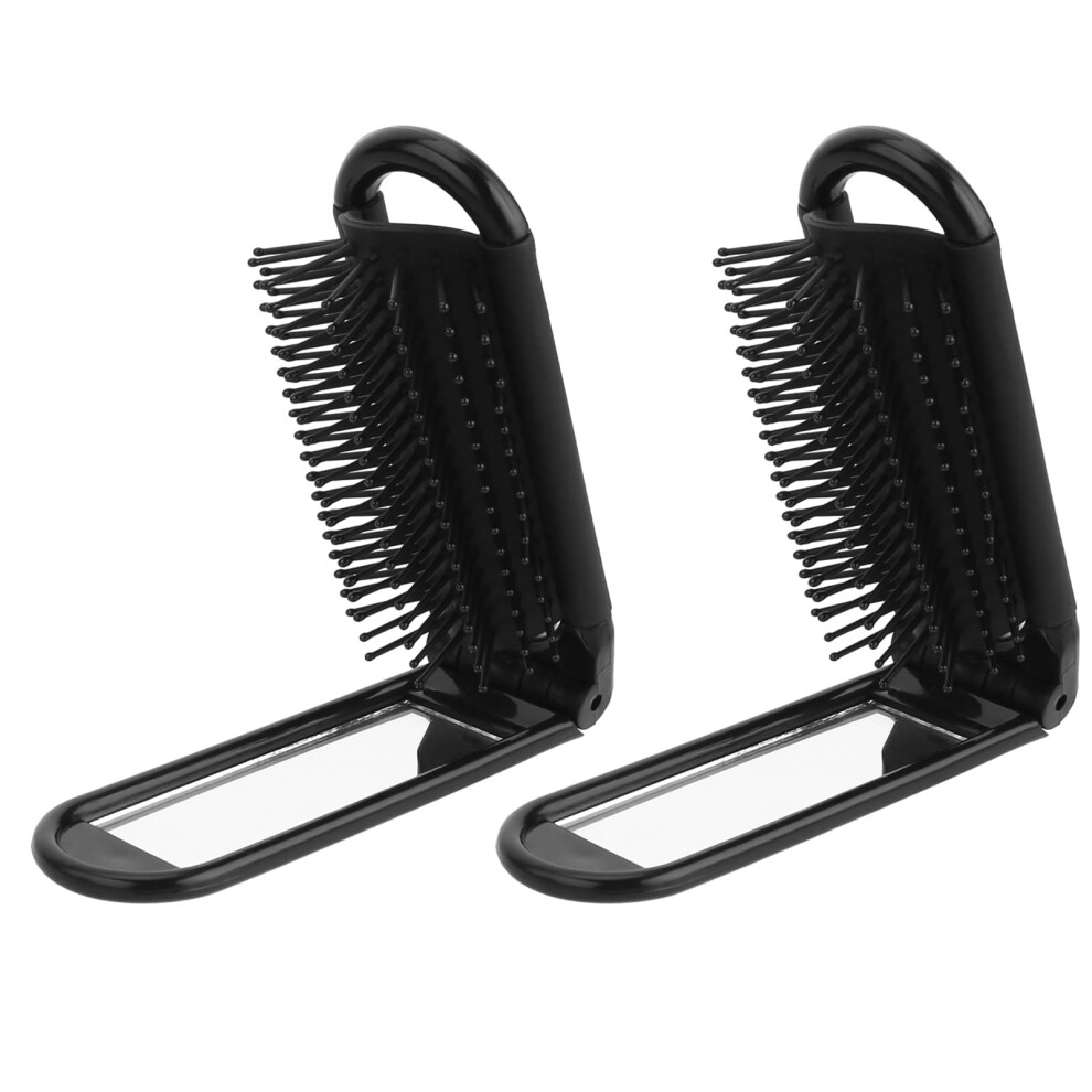 Black 2 Pcs Folding Hair Brush With Mirror Compact Travel Hairbrush For Purse Or Gym Â