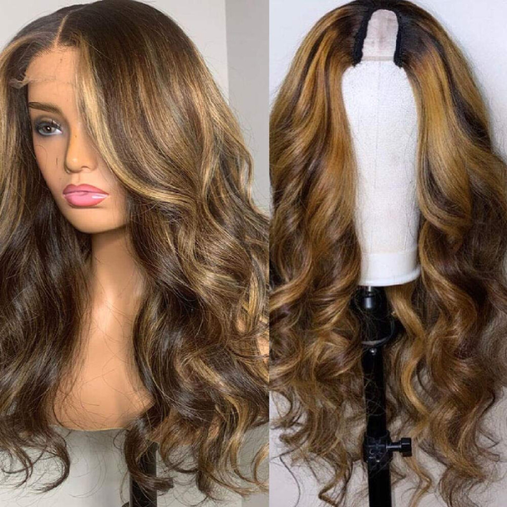 Unisex Honey Blonde Brazilian U Part Human Hair Wig 150% Density Highlight Middle Part 12 Inches