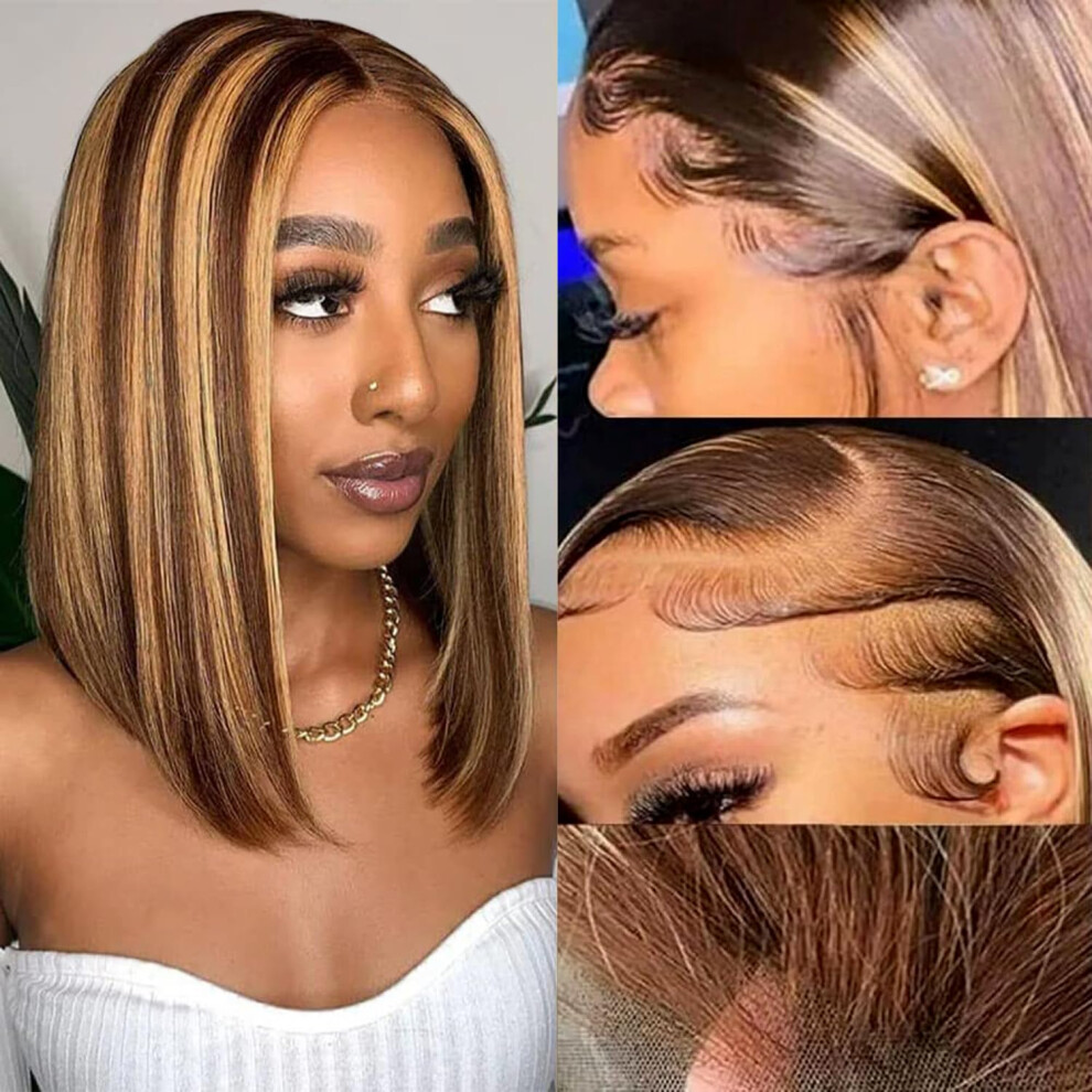 Unisex Human Hair Lace Front Bob Wig 13X6 Hd Glueless 12 Inch Honey Blonde Ombre 180% Density