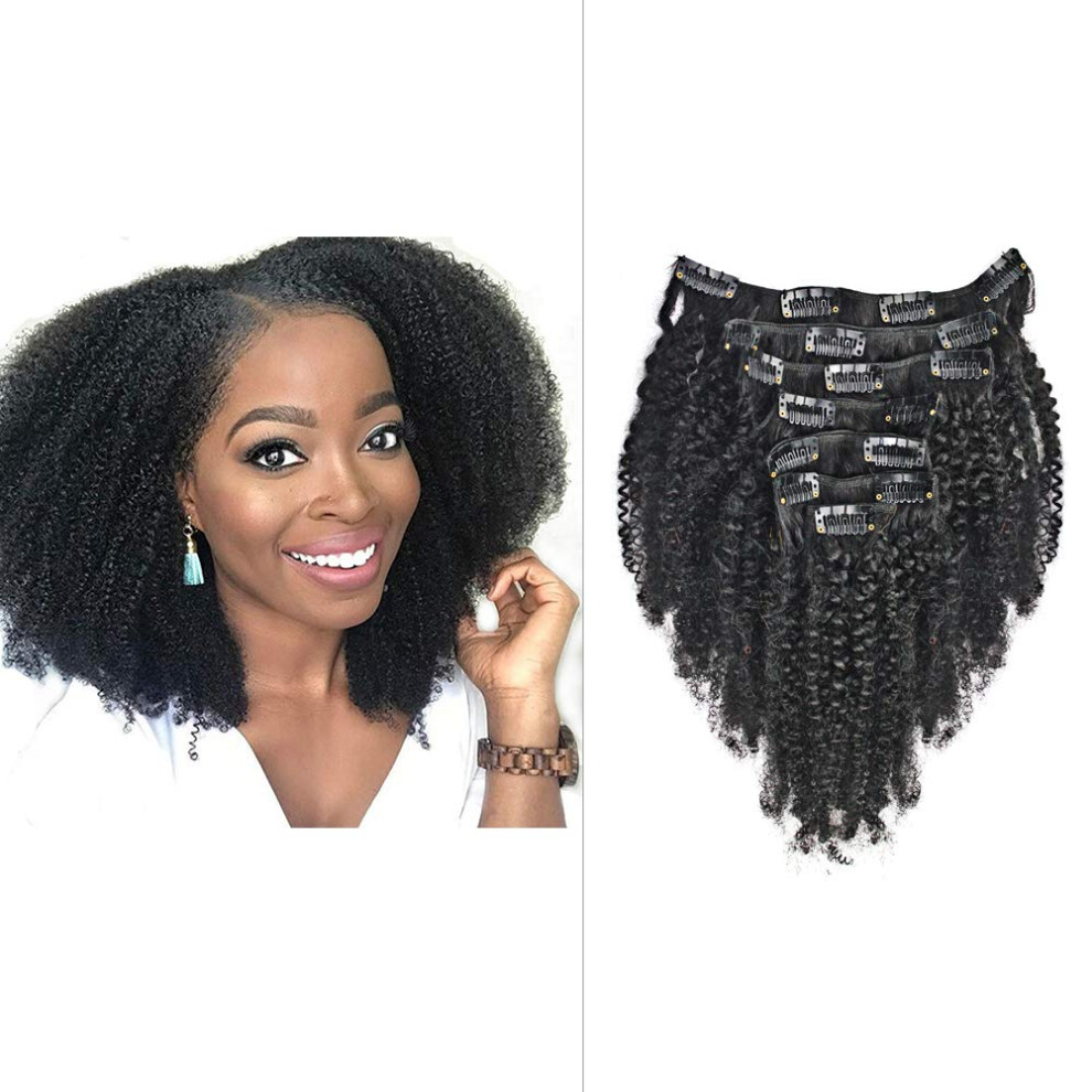 Unisex Black 16 Inch Afro Kinky Curly Clip In Hair Extensions Natural Brazilian Remy Human Hair 7Pcs Set
