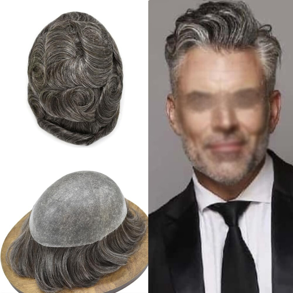 Unisex Brown,Grey Men's Toupee Full Poly Skin Hairpiece Natural Hairline 8X10 Dark Brown With Grey Medium Light Density
