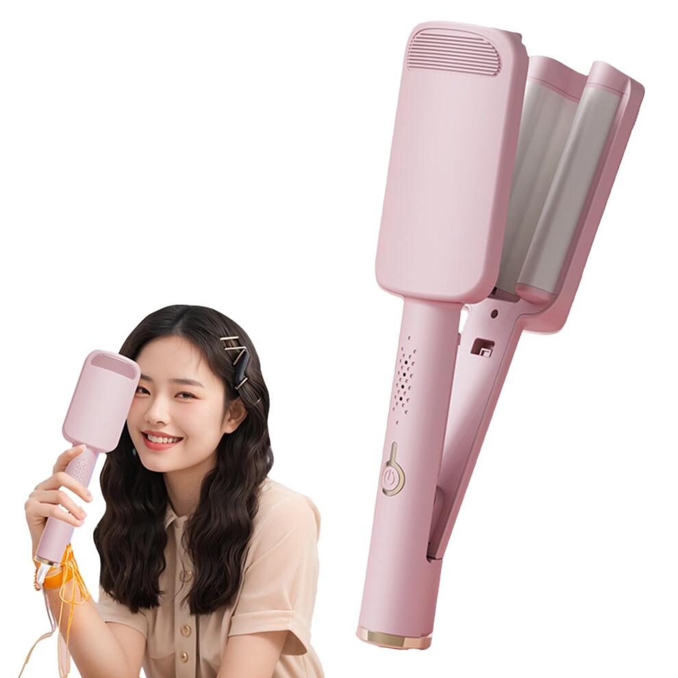 Pink Triple Barrel Hair Waver 28Mm Tourmaline Curling Iron With 30S Heat Up And Longlasting Curls, Cherry