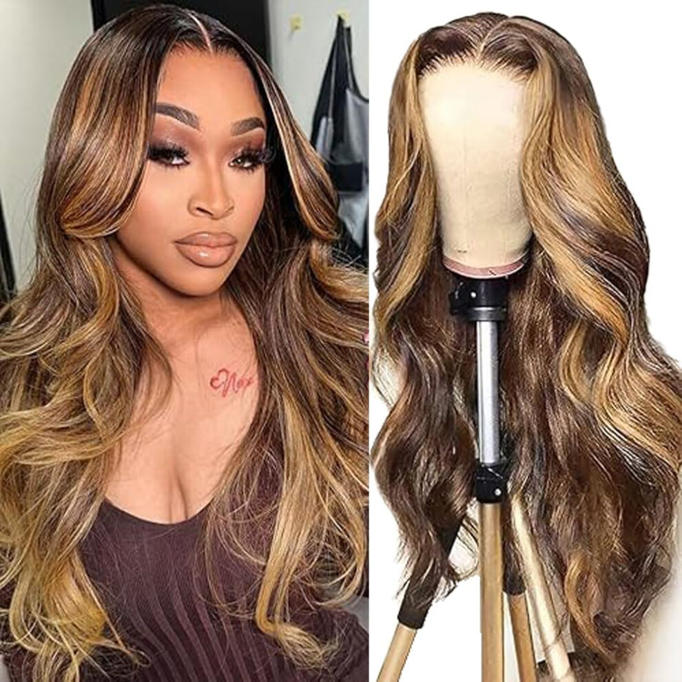 Unisex Brown Human Hair Lace Front Wig P4/27 Highlight Body Wave 4X4 Closure 200% Density Glueless