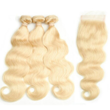 613 Blonde Brazilian Body Wave Human Hair Bundles with 12in Closure Unprocessed Dyeable 14 16 18