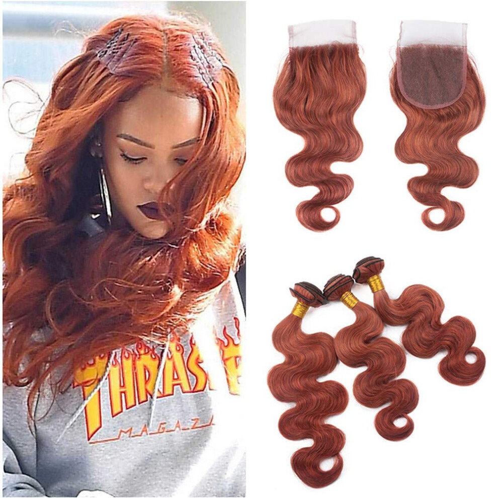 Human Hair Weave Bundles #33 Dark Auburn Body Wave with Seamless Lace Closure Virgin Brazilian Extensions 22+24+26+28