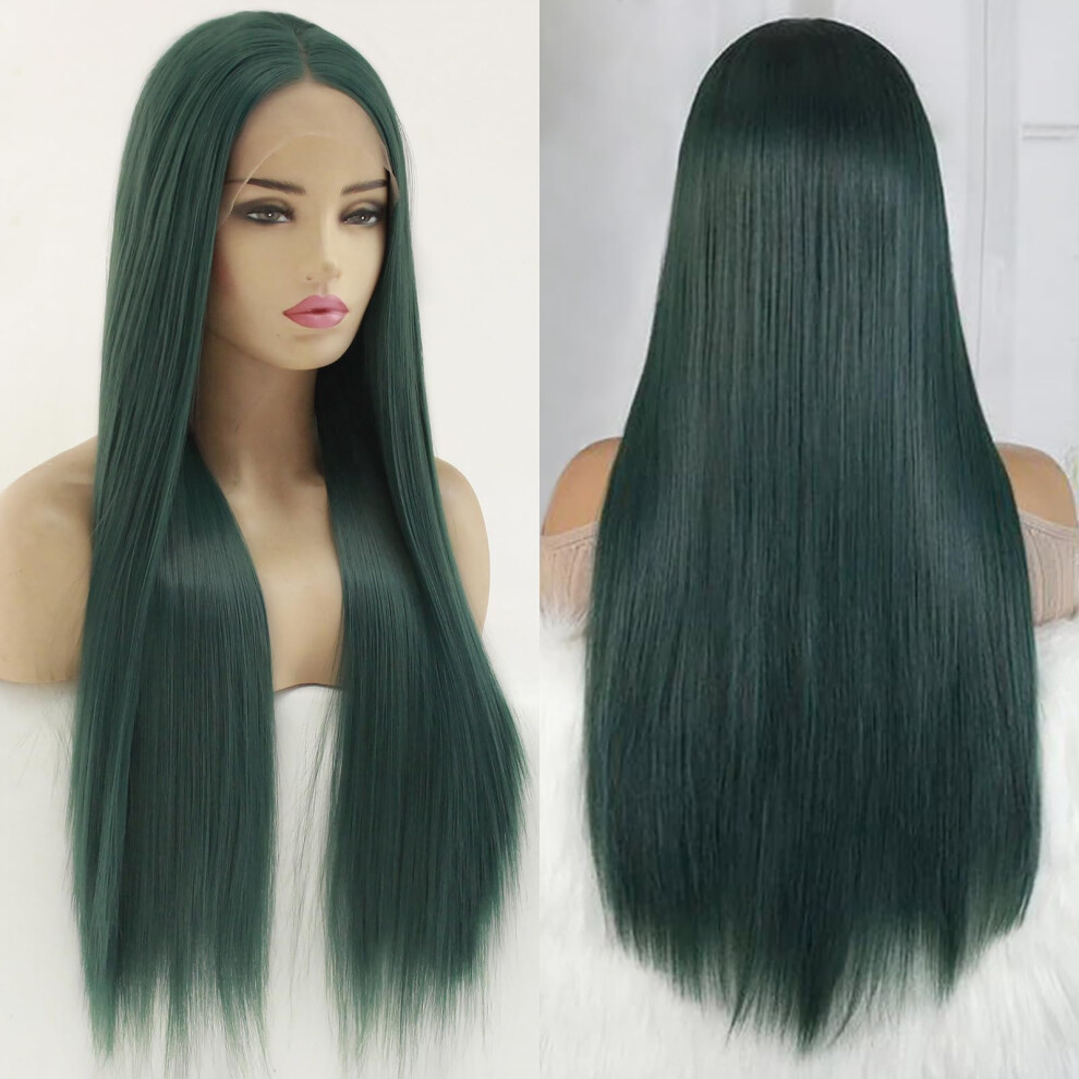 Unisex Green,Black 13X6 Hd Lace Front Wig For Black Women, 24 Inch Green Long Straight Synthetic Wig With Pre Plucked Hairline And Glueless Fit
