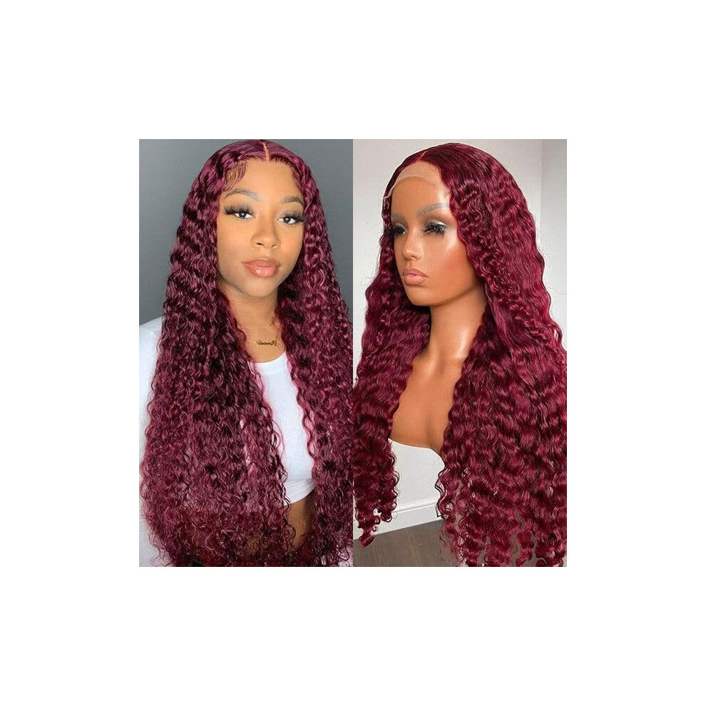 Burgundy Lace Front Wig Human Hair 99J Deep Wave Glueless Wet and Wavy Pre Plucked 13x4 24 Inch