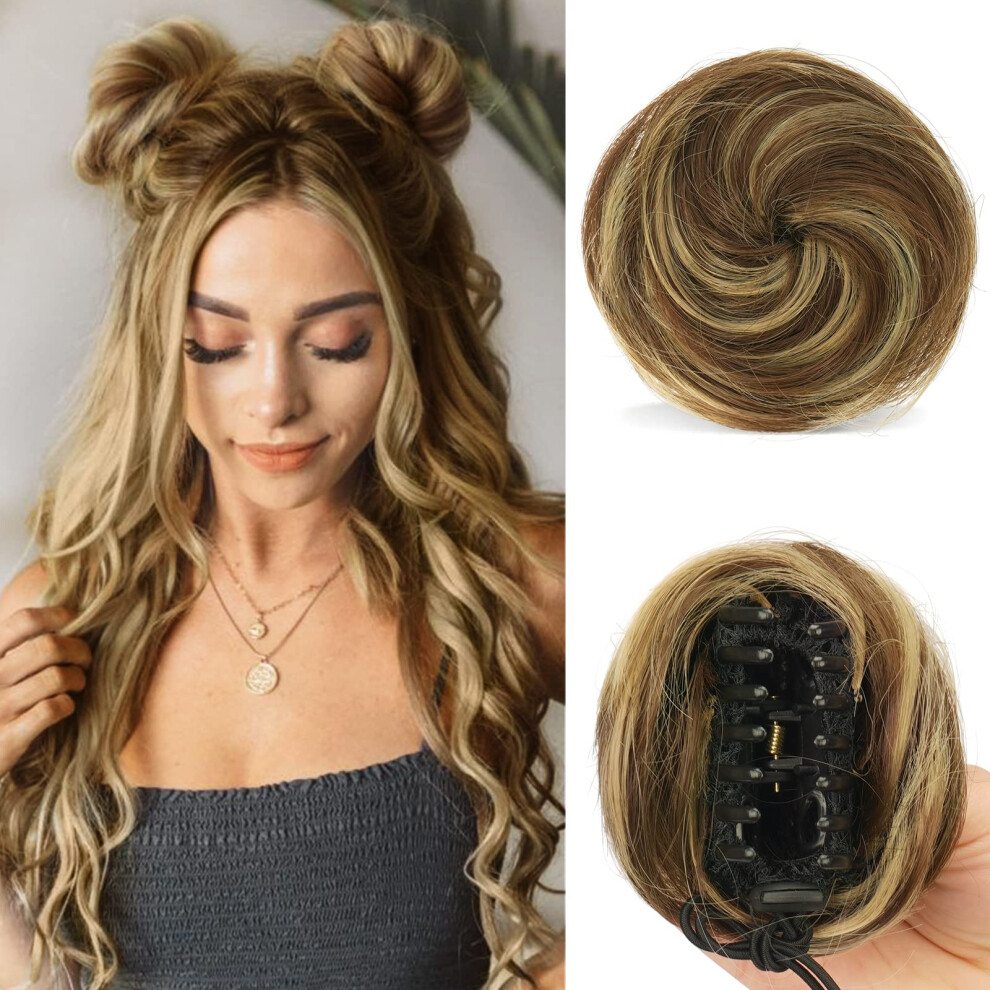 Unisex Brown Hair Bun Extension With Mini Claw Clip, Synthetic Messy Bun Hairpiece, Blonde And 2Pcs