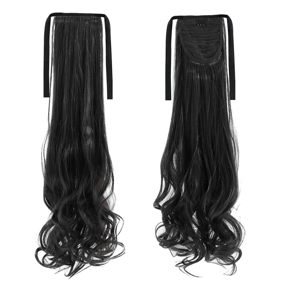 Long Curly Ponytail Hair Extension Wrap Around Clip In Black Synthetic Hairpiece with Volume Boost
