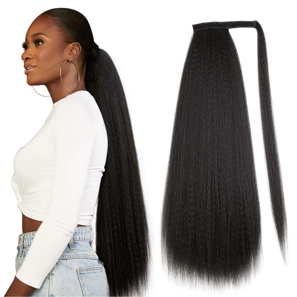 30 Inch Natural Black Yaki Wrap Around Ponytail Hair Extension for Black Women with Instant Volume Boost