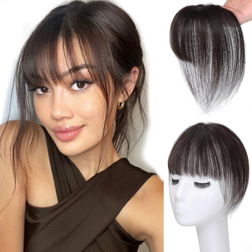 Unisex Black Clip In Bangs Human Hair Extensions 360 Fringe Topper With 3D Wispy Layers Brownish