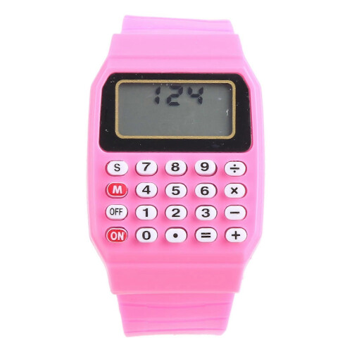 Children's Calculator Watch Pink Silicone Strap LCD Display Date Time Function