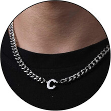 Alfabet hanger met Cubaanse ketting, 18+2 inch (46,7 cm) verstelbaar, 6,5 mm breed, zilverkleurig, C 316L roestvrij staal, hypoallergene halsketting.