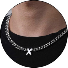 Buchstabenanhänger an kubanischer Kette, 18+2 Zoll (ca. 46 cm) lang, 6,5 mm Kettenbreite, hypoallergen für langanhaltenden Tragekomfort, Silber