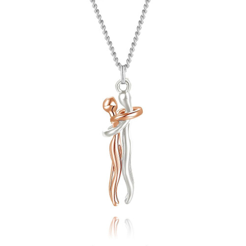 Colar de Casal com Dois Pingentes em Combinação Ouro Rosa Prata Prata 925 Estilo Abraço 18+2 Polegadas