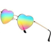 Occhiali da sole da donna, montatura in metallo a forma di cuore, 17,7 g, ultraleggeri, lenti antiriflesso e antigraffio (specchio arcobaleno dorato)