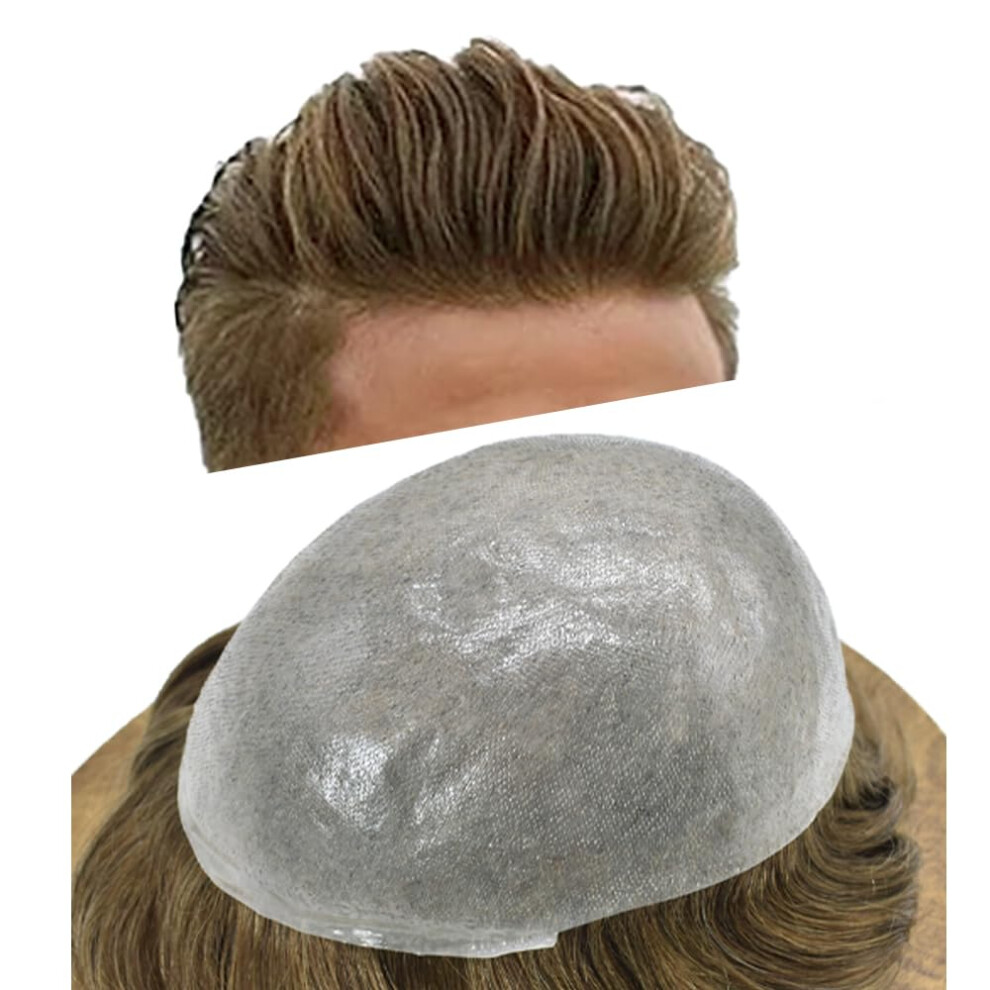 Mens Toupee Human Hair Ultra Thin Skin V Loop Hairpiece 8x10 Invisible Hairline #7 Light Brown 90%