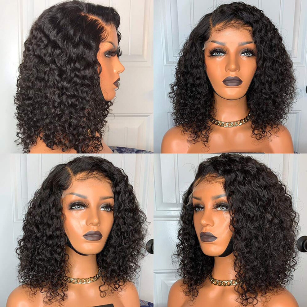 Unisex 13X4 Lace Front Wavy Bob Wig Human Hair Brazilian Remy 180% Density Pre Plucked With Baby Hair 16Inch
