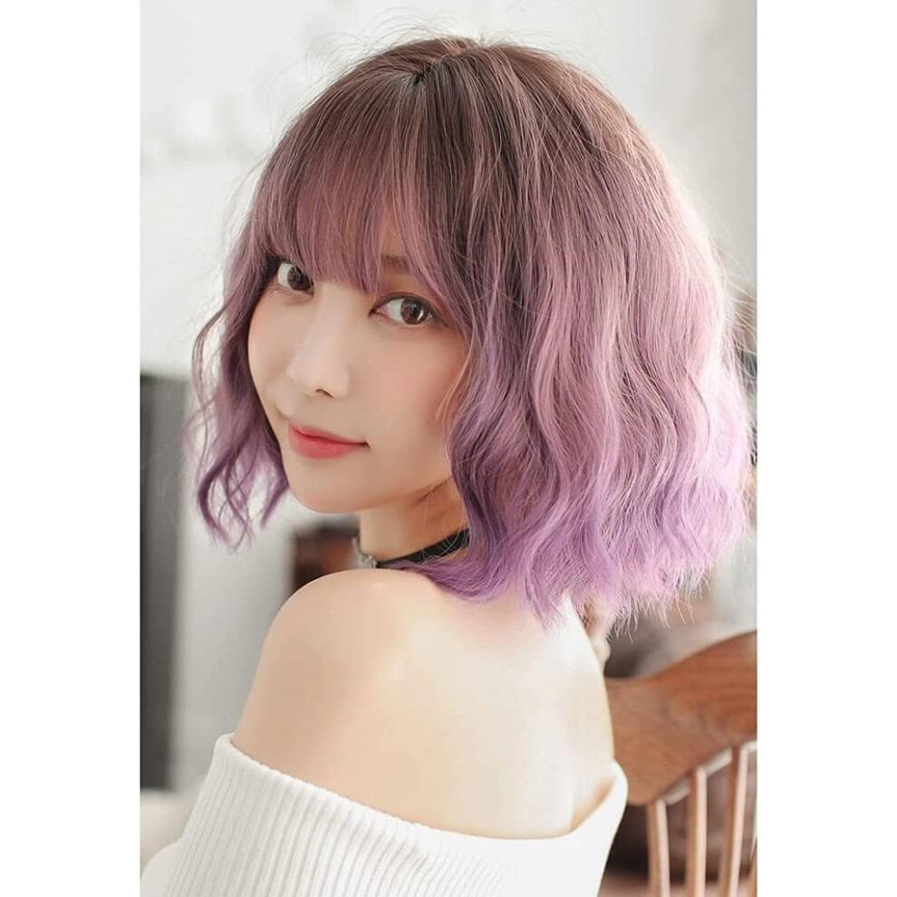 Gradient Purple Short Wavy Wig with Bangs, 17 Inch Cosplay Wig for Women, Natural Hairline Look
