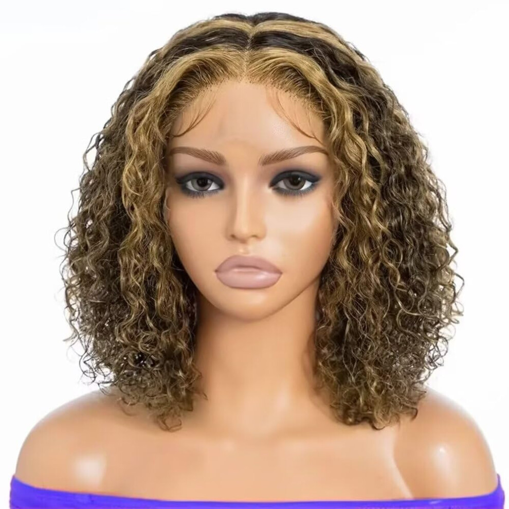 10 Inch Highlight 4/27 Curly Lace Front Bob Wig Human Hair Glueless HD Lace Natural Look