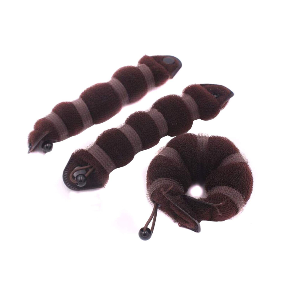 Unisex Brown Hair Bun Maker Set Donut Shaper 3Pcs Fast Updo Styling Tools For Women