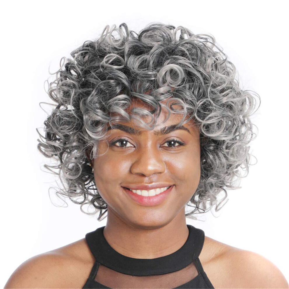 Unisex Black Synthetic Afro Wig 12 Inch Gray Curly Heat Resistant With Natural Hairline For Cosplay