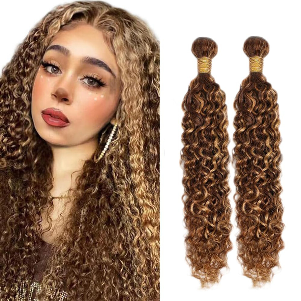 Unisex Brazilian Virgin Water Wave Hair Extensions 30 Inch P4/27 Blonde Highlight Double Weft 2 Bundles