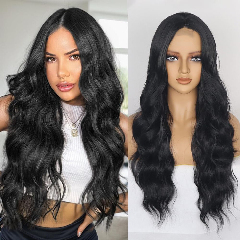 Unisex Black Wavy Wig For Women 26 Inch Synthetic Middle Part Heat Resistant With Natural Hairline