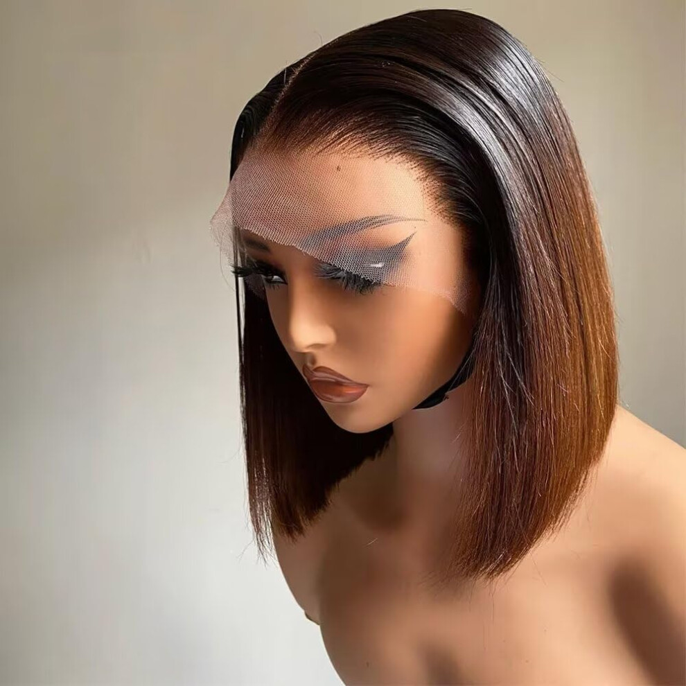 Unisex 150% Density Ombre Brazilian Human Hair Lace Front Bob Wig Hd Transparent Glueless Natural Hairline