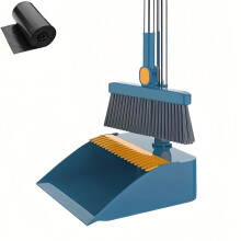 Broom and Dustpan Set with Garbage Bags, Long Handle Upright Cleaning Kit for Home Kitchen Bathroom (Blue)