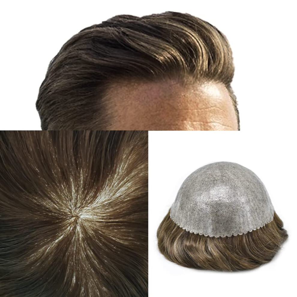 Unisex Men's Hair System 7X9 Inch Human Hair Toupee With Natural Hairline Thin Poly Skin Base 4R#