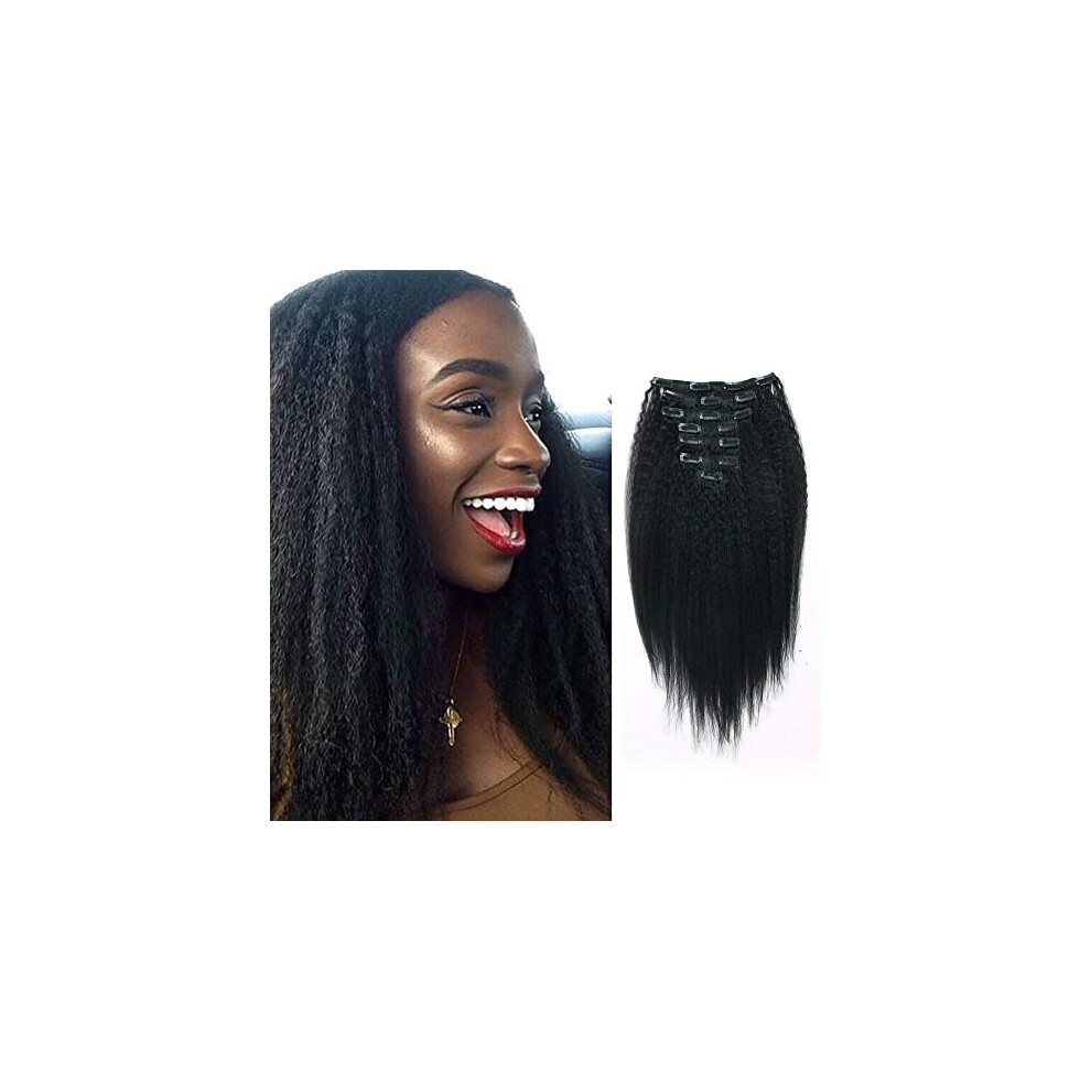 Unisex Black Kinky Straight Clip In Human Hair Extensions Natural Remy Double Weft Virgin Hair 12 Inch 7Pcs