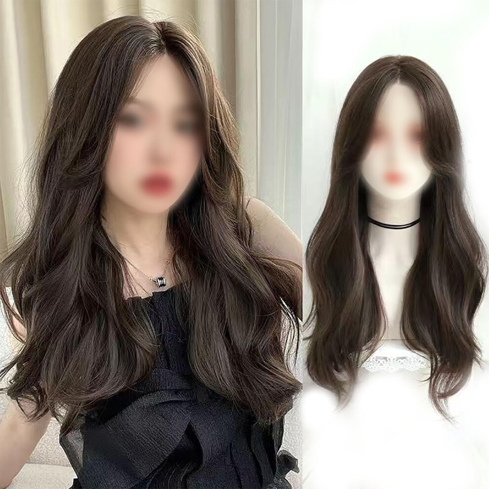 Unisex Brown Long Wavy Synthetic Wig For Women Cool Heatresistant With Curtain Bangs Middle Part 22'