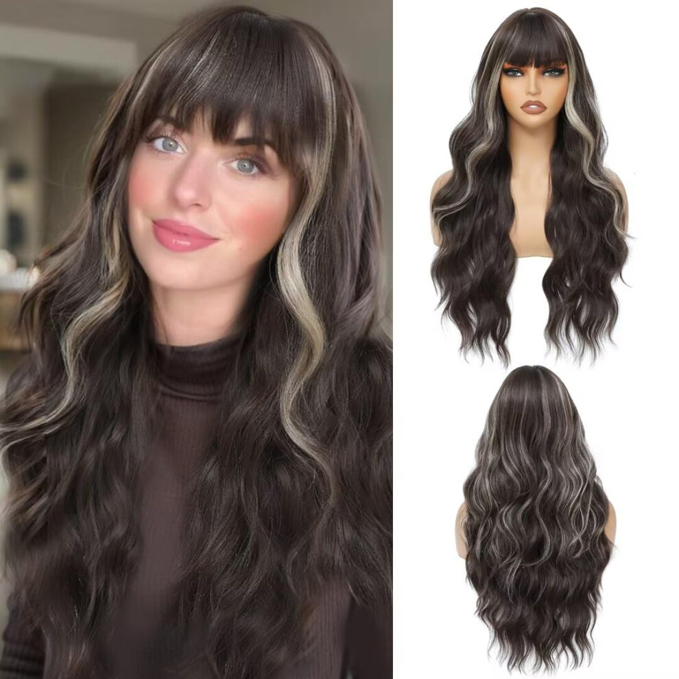 Unisex Brown Long Wavy Synthetic Wig With Bangs, Highlight, Heat Resistant, 26 Inch Glueless For Women