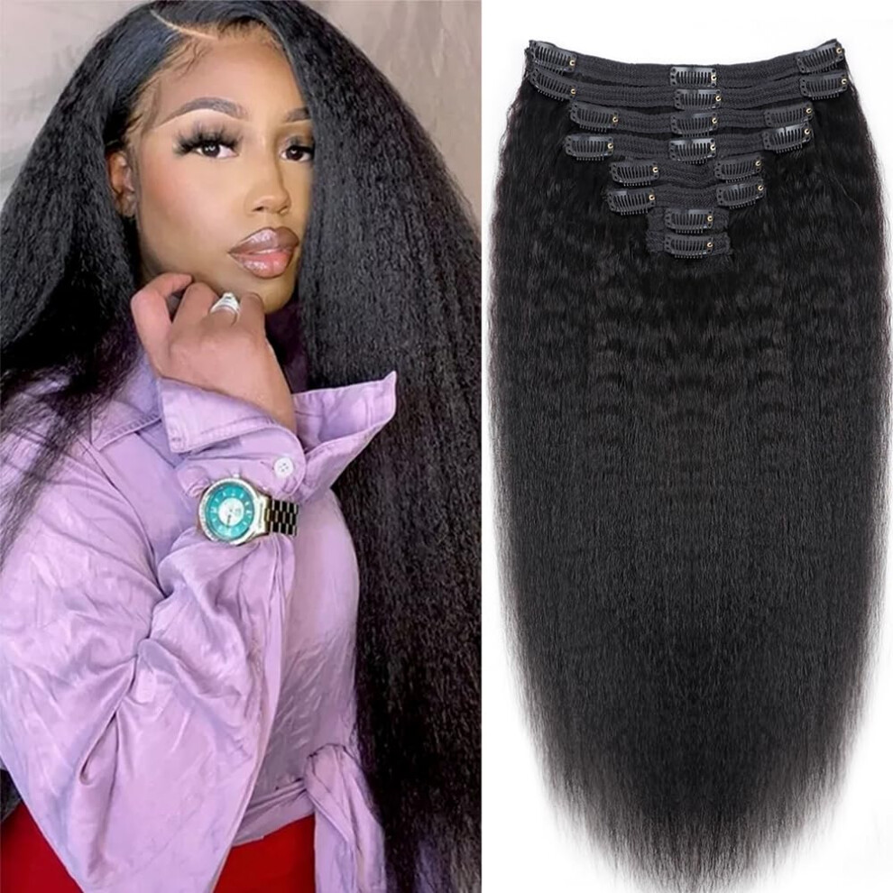 Kinky Straight Clip In Hair Extensions 24 Inch Natural Black Remy Human Hair Double Weft Seamless 8Pcs