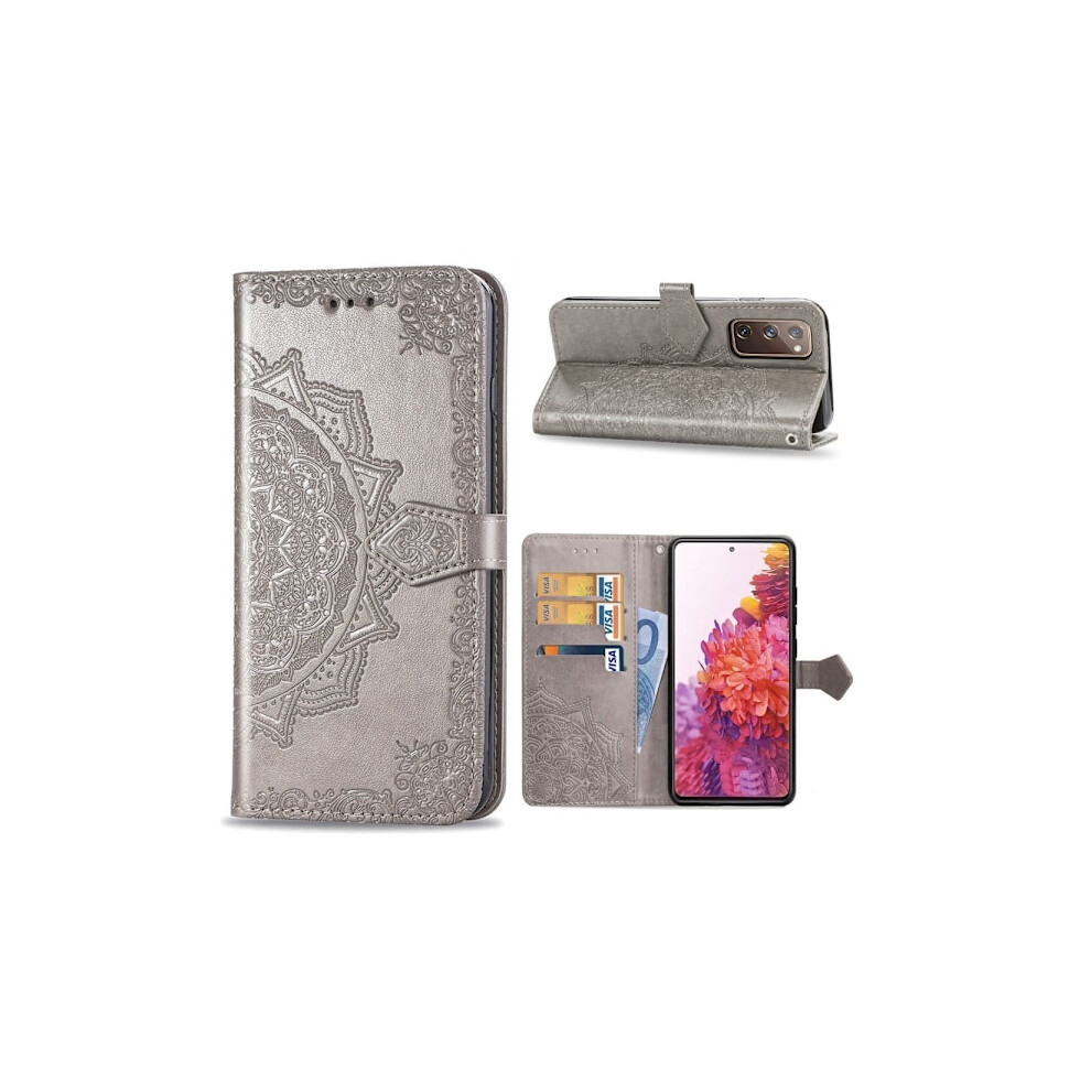 Compatible With Samsung Galaxy S20 Fe - Mandala Leather Case - Grey 9175034103919