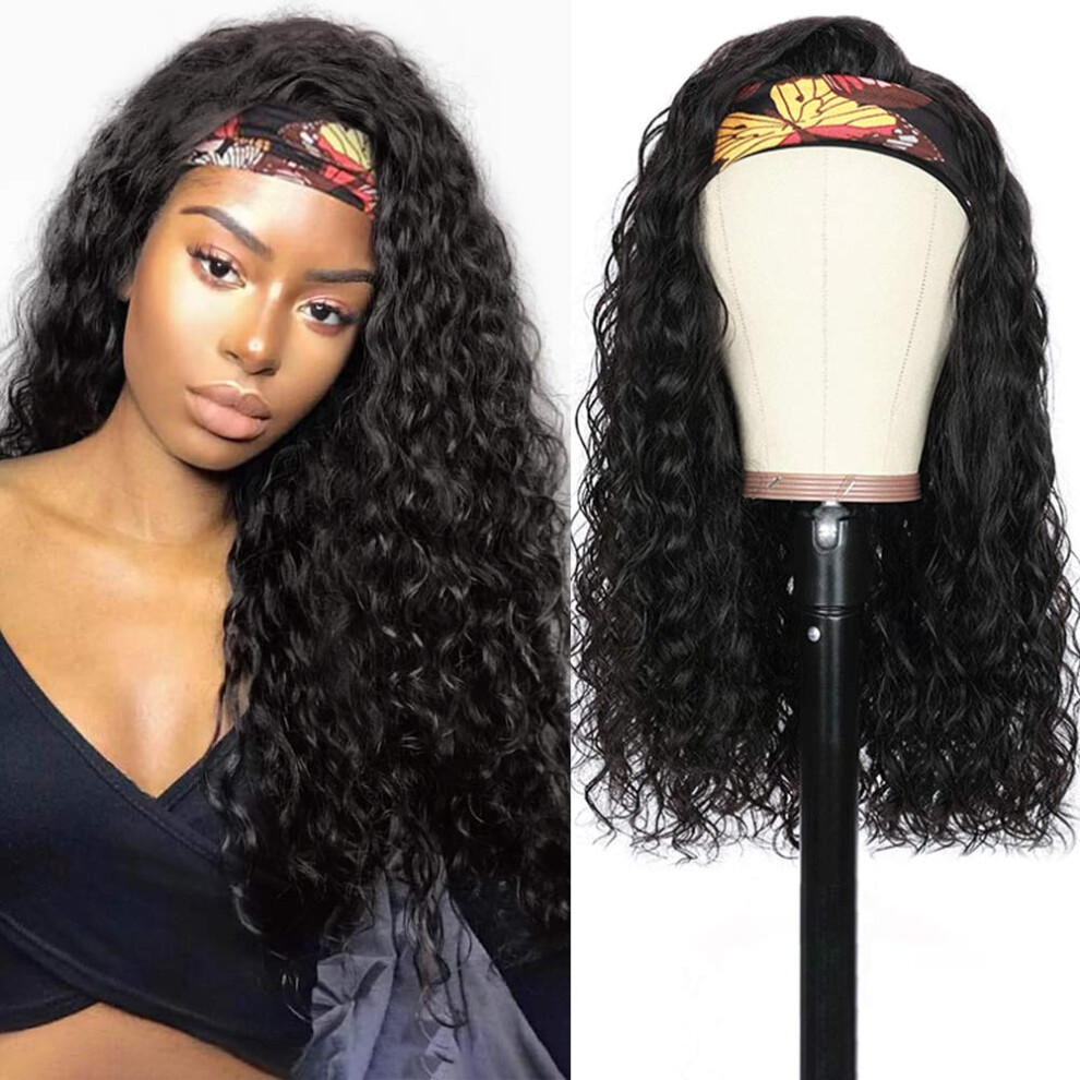 Unisex Black Headband Wig Water Wave Brazilian Virgin Human Hair 24 Inch Natural Readytowear