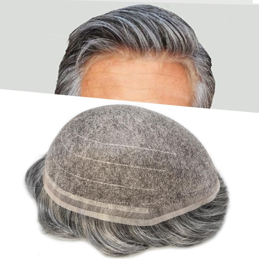 Unisex Black,Grey Men's Hair Toupee Swiss Lace 8X10 Remy Human Hairpiece Off Black 60% Grey Natural Hairline