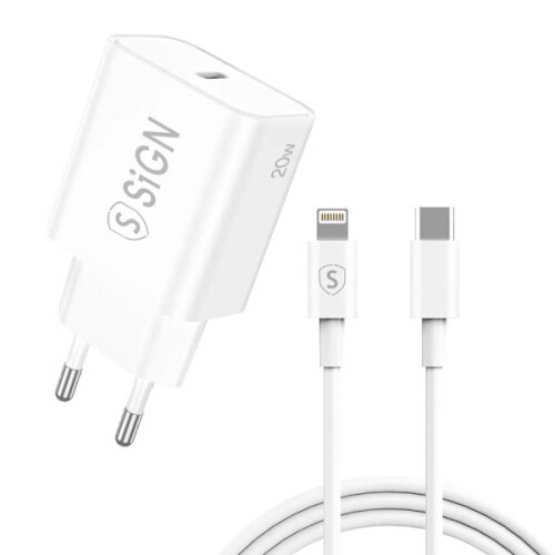 SiSN συμβατός με iPhone USB-C PD Γρήγορος φορτιστής 20W με καλώδιο USB-C σε Lightning, 2 μέτρα - Λευκό