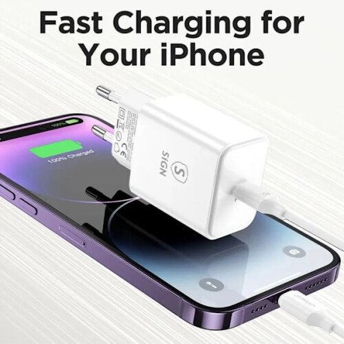 SiSN συμβατός με iPhone USB-C PD Γρήγορος φορτιστής 20W με καλώδιο USB-C σε Lightning, 2 μέτρα - Λευκό 1