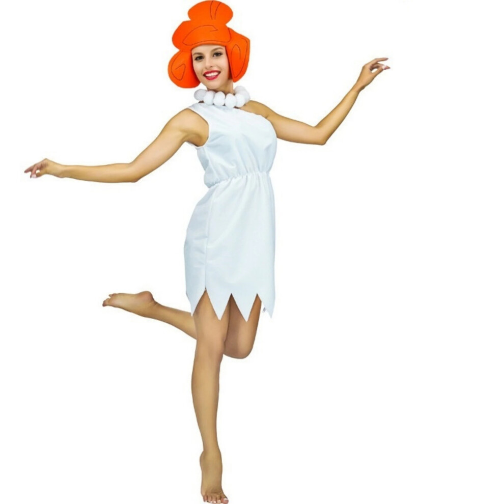 Photos - Fancy Dress  Adult Fred and Wilma Hominid Costume Set Women Wilma Dress include Necklace with Wig Man Caveman Cosplay Outfits(Ivory, M)