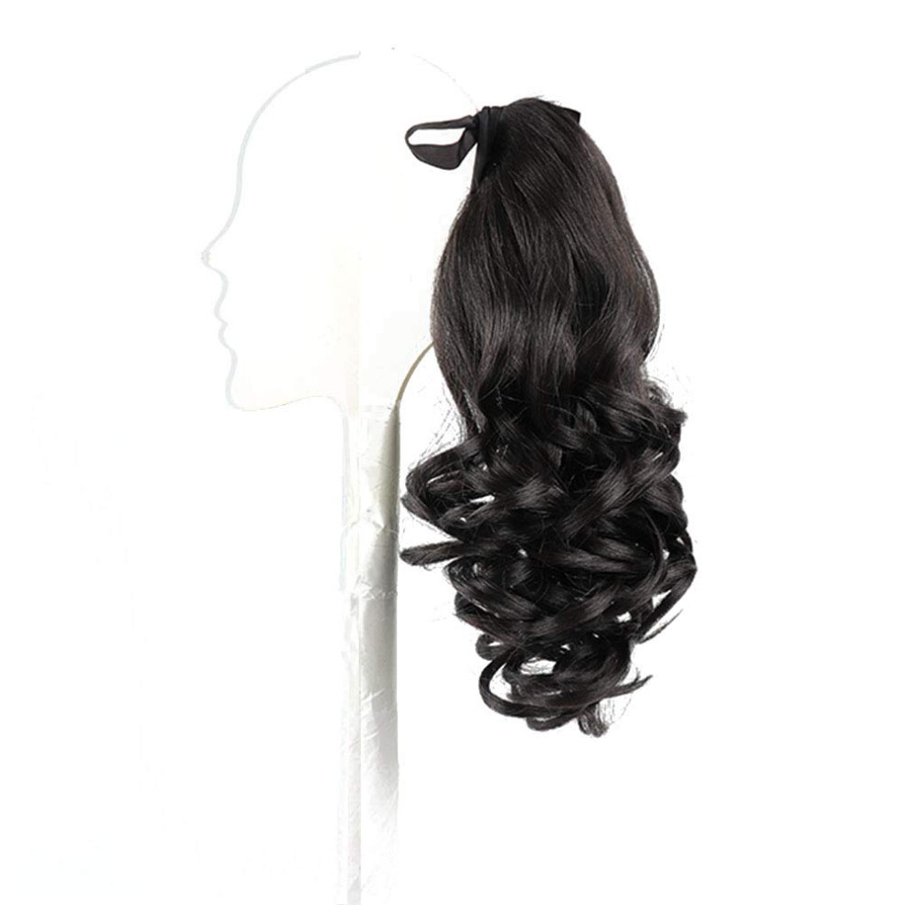 Unisex Black Clip In Ponytail Extension 38Cm Jet Messy Wavy Thick Synthetic Hairpiece For Instant Volume Boost